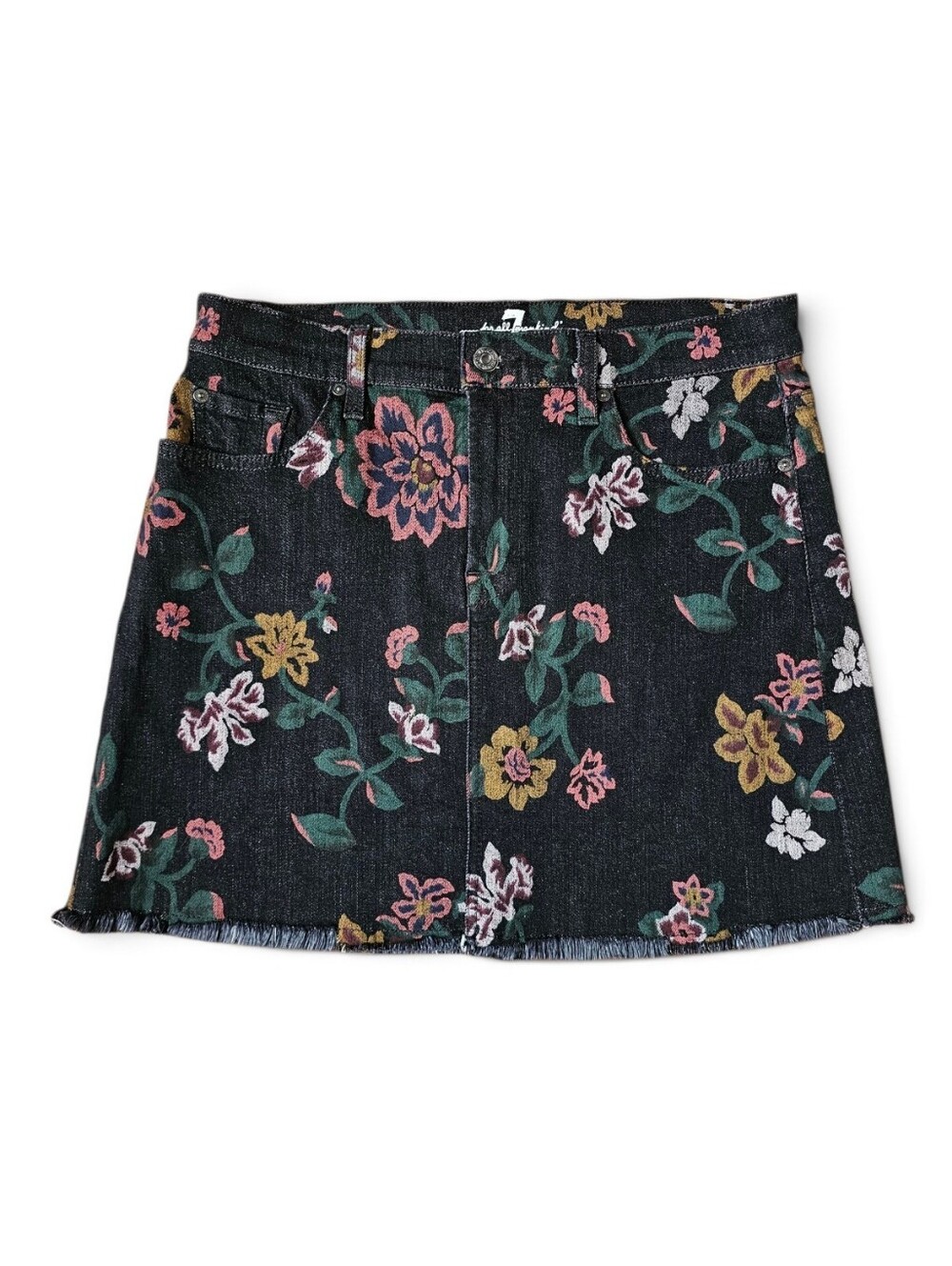 7 For All Mankind Y2K Boho Floral Denim Mini Skirt Dark Wash Raw Hem, Size 29